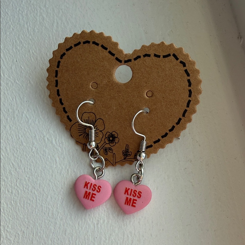 Handmade Pink Conversational Heart 'Kiss Me' Earrings